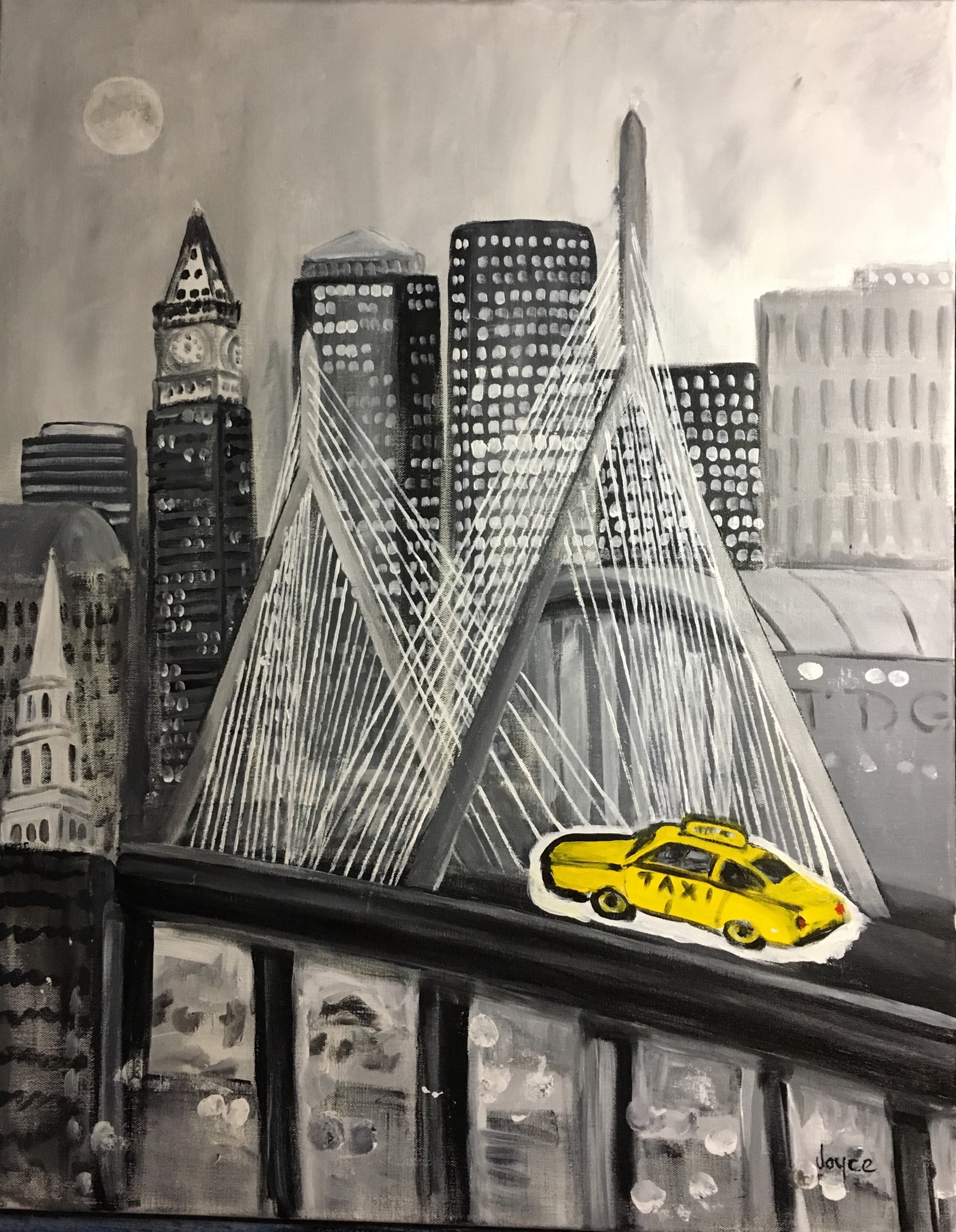 Contemporary "Yellow Cab on Zakim Bridge" - Original Art by Joyce Frederick